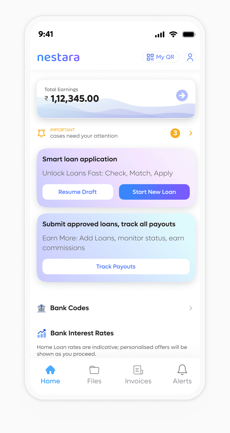 Nestara partner app showing loan applications, eligibility checks and payouts