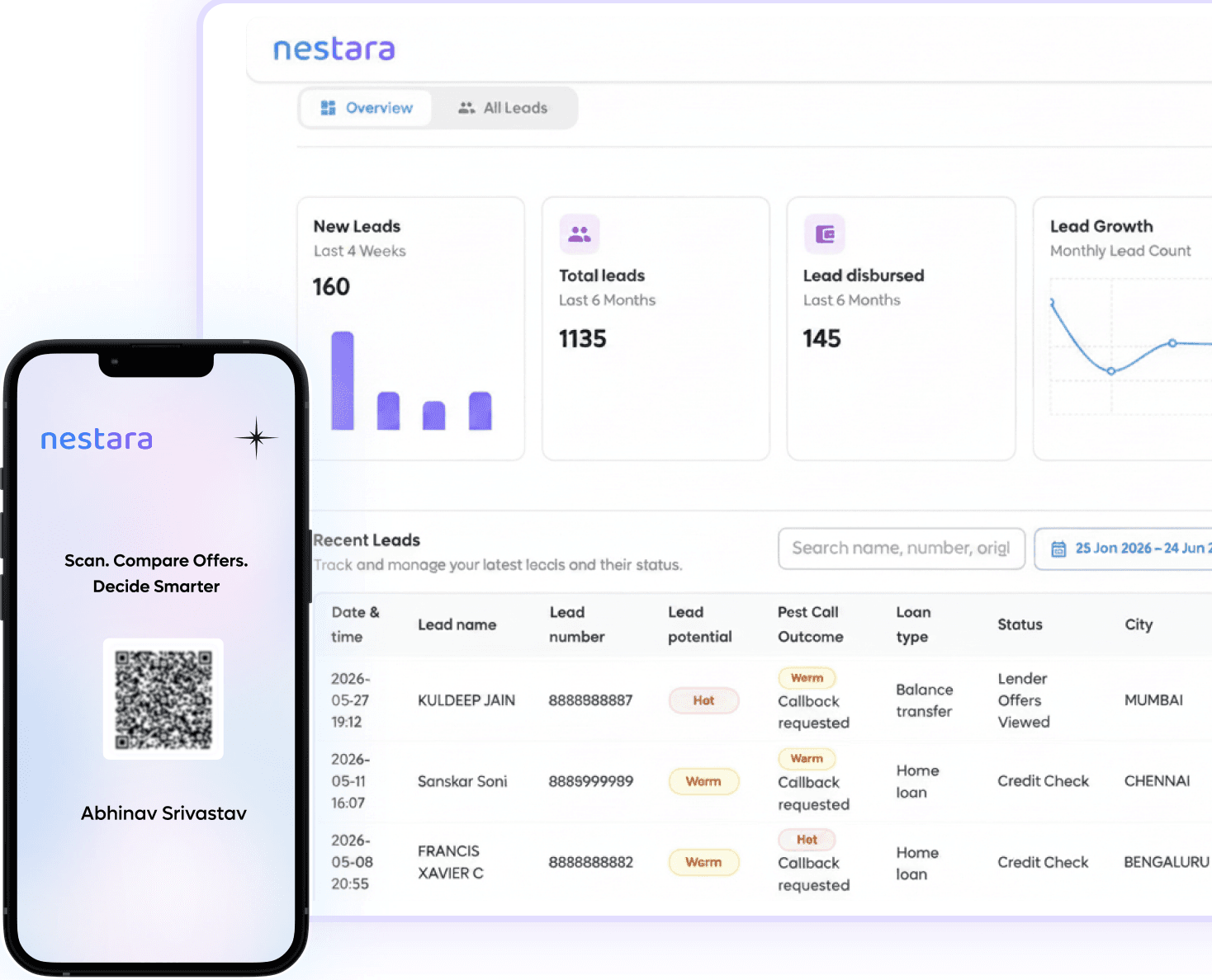 Nestara partner dashboard and personalised QR code on mobile